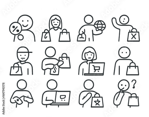 Shopper Archetype Icons. Outline icon set of shopper personality types: bargain hunter, trend chaser, ethical