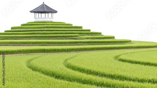 Serene Rice Field with Traditional Pavilion on Green Terraces