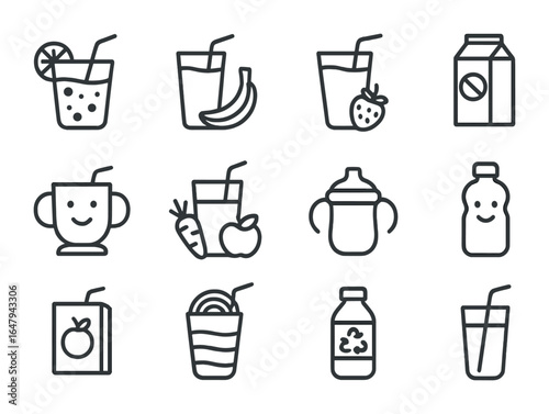 Kids' Drink Icons. Outline icon set of kids’ healthy drinks: fruit punch, banana shake, strawberry smoothie,
