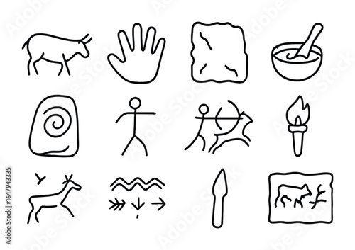 Prehistoric Cave Art Icons. Outline icon set of prehistoric cave art: animal drawing, hand stencil, cave wall,