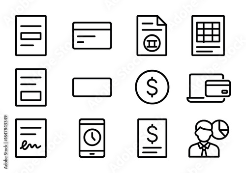 Financial Icon Grid. Outline icon set of financial forms: income field, credit card, bank account detail, tax