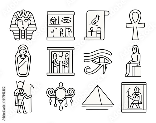 Ancient Egypt Icons. Outline icon set of ancient Egyptian art: pharaoh mask, hieroglyphic wall, papyrus scroll
