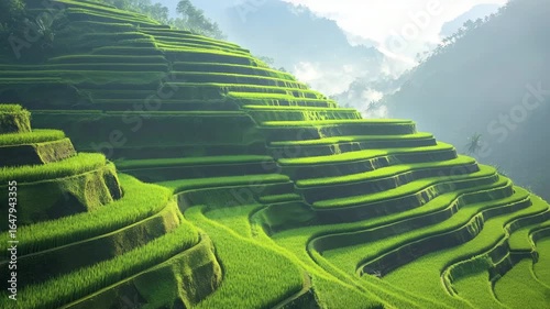 Lush Green Terraced Rice Fields with Misty Mountains Background