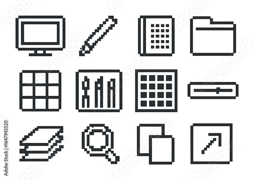 Pixel Art Workspace Icons. Outline icon set of pixel art workspace: computer screen, stylus icon, pixel