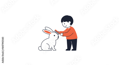 Child Grooming Pet Rabbit in a Cozy Indoor Setting - Vector Illustration of Animal Care, Warm Home Environment, Playful Interaction