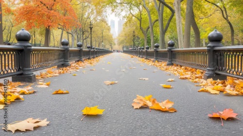 Autumn Pathway with Colorful Leaves in Central Park, New York City
