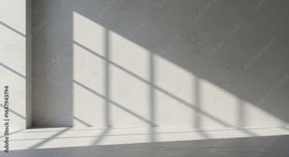 Fototapeta premium Sunlight casting geometric shadow patterns across a plain, lightcolored wall and floor, creating a minimalist and serene interior background