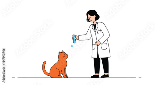 Cat Treatment by a Professional Veterinarian in a Clinical Environment, Flat Vector Illustration Featuring a Pet Concept