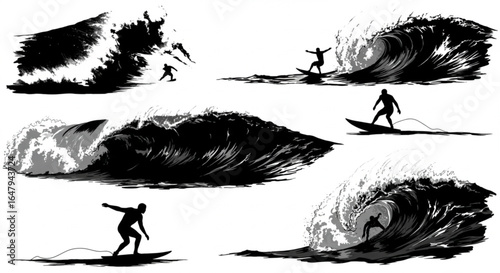 Surfer riding massive wave silhouette