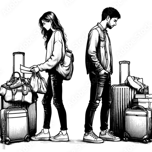 Young couple traveling with suitcases