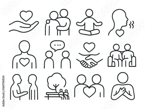 Caring Icons Grid. Outline icon set of caring in relationships: care hand, mutual comfort, open body posture,