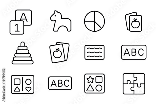 Early Learning Icons. Outline icon set of early childhood learning: letter block, number cube, animal piece,
