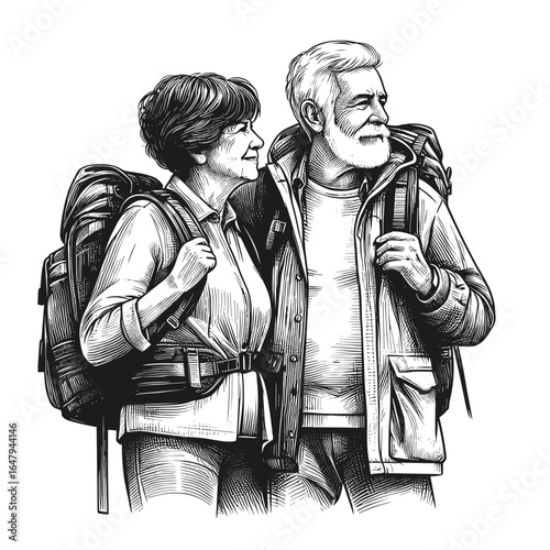 Senior couple hiking with backpacks