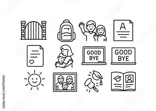 Farewell Icons Set. Outline icon set of saying goodbye at school: school gate, backpack, waving kids, report