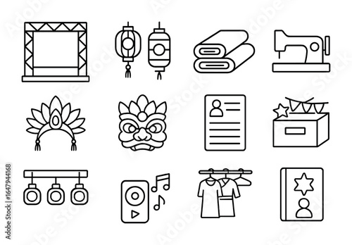 Festival Preparation Icons. Outline icon set of cultural festival preparation: stage setup, lanterns, fabric