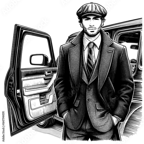 Man exiting car with serious expression