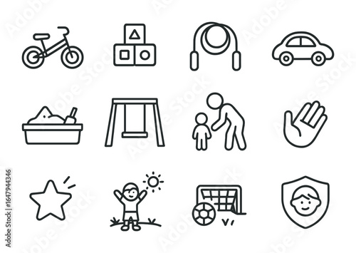 Child's Play Icons. Outline icon set of early childhood development through play: balance bike, building