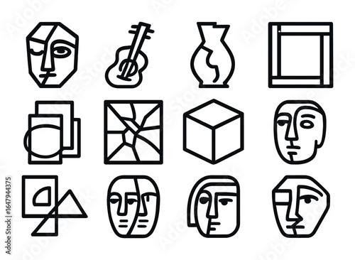 Cubist Icon Grid. Outline icon set of Cubism: geometric face, abstract guitar, broken vase, angular frame,