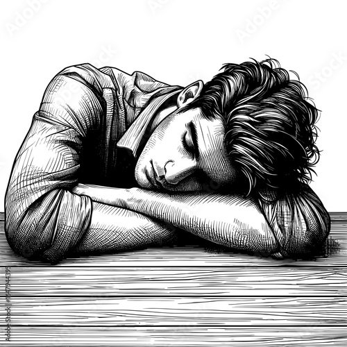 man sleeping peacefully lying on wooden table