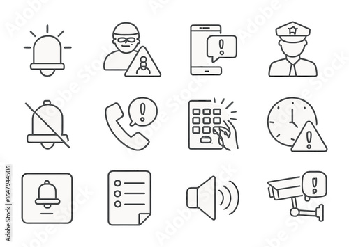 Security Alert Icons. Outline icon set of security alerts and responses: alarm bell, intruder alert, push