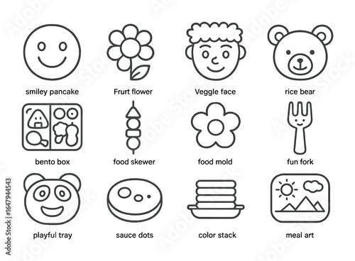 Creative Kids' Food Icons. Outline icon set of creative food presentation for kids: smiley pancake, fruit