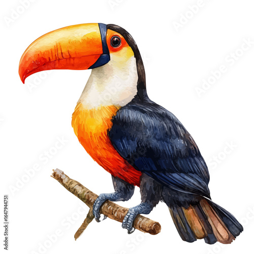 Toucan, watercolor drawing vector, isolated on a white background.