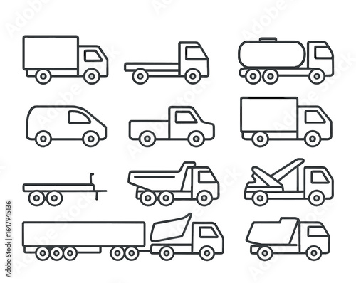 Commercial Vehicle Icons. Outline icon set of commercial vehicle types: box truck, flatbed truck, tanker truck