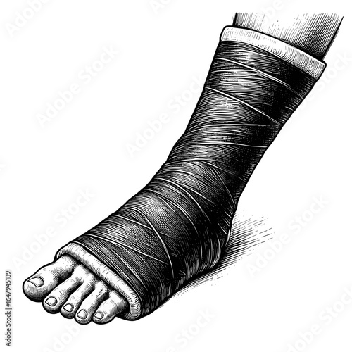Bandaged leg shown in a black and white illustration