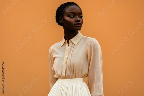 Elegant Model Poses Against a Vibrant Orange Wall Showcasing Fashion and Styl...