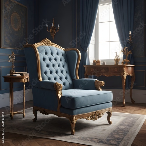 Elegant Vintage Armchair with Blue Tufted Upholstery in Luxurious Living Room