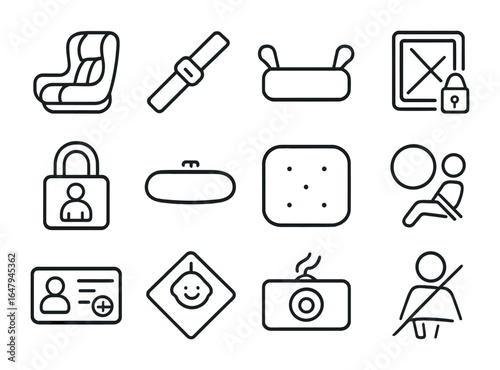 Child Safety Icons. Outline icon set of child safety in vehicles: child car seat, seat belt, booster seat,