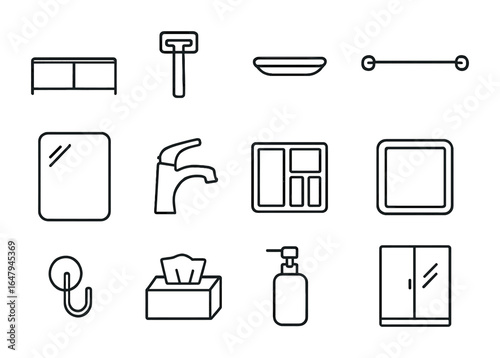 Minimalist Bathroom Icons. Outline icon set of minimalist bathroom layout: clean counter, mounted razor holder
