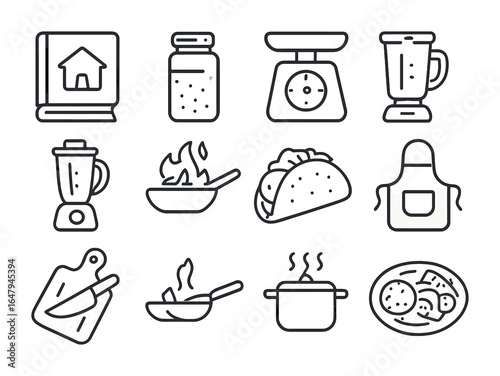 Fusion Cooking Icons. Outline icon set of home fusion cooking: recipe book, spice jar, kitchen scale, blender,