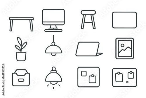 Minimalist Workspace Icons. Outline icon set of minimalist home workspace: simple desk, clean monitor,