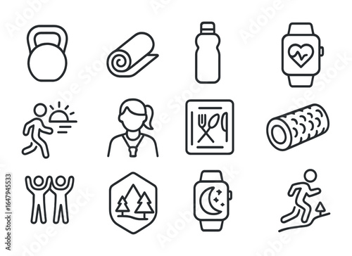 Fitness Camp Icons. Outline icon set of fitness and wellness camps: kettlebell, yoga mat, hydration bottle,