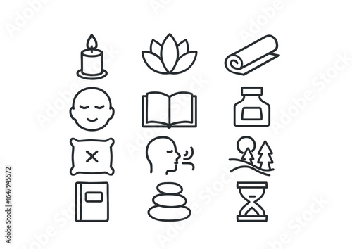 Image Generation. Outline icon set of mindfulness writing: candle, lotus flower, yoga mat, calm face, open