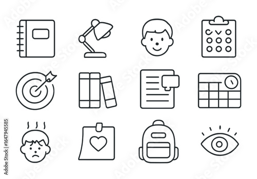 Student Icons Set. Outline icon set of student self-journaling: school notebook, desk lamp, student face,