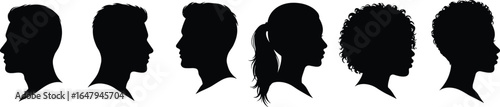 Silhouette profiles of diverse men and women, side view faces, hairstyle variations, head outlines, black vector icons, people profile design