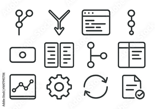 Icon Set_ Version Control. Outline icon set of visual version control tools: branch map, merge arrows, GUI
