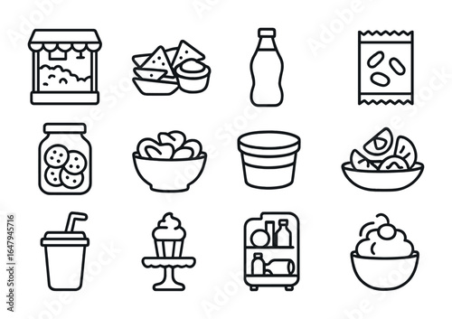 Movie Snack Bar Icons. Outline icon set of movie snack bar: popcorn machine, nacho tray, cheese dip, soda