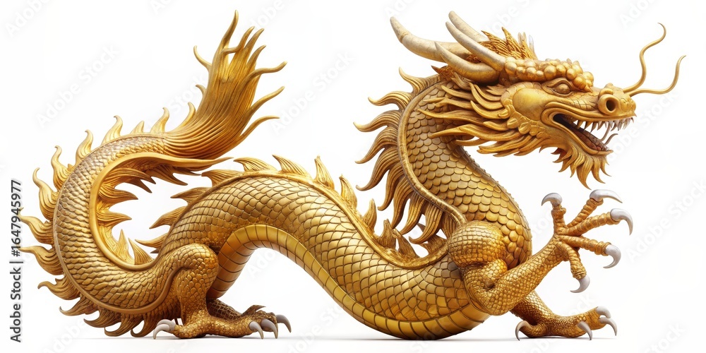 Fototapeta premium Golden Dragon Statue, 3D Rendering, Chinese Dragon, Mythical Creature, Sculpture, dragon, chinese