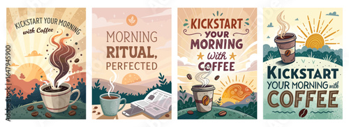 A collection of vibrant coffee-themed illustrations emphasizing morning rituals and energy.