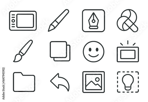 Digital Tools Icons. Outline icon set of digital self-expression tools: drawing tablet, stylus pen, design app