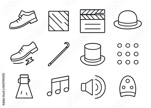 Tap Dance Icons. Outline icon set of tap dance elements: tap shoes, wood floor, clapperboard, bowler hat, fast