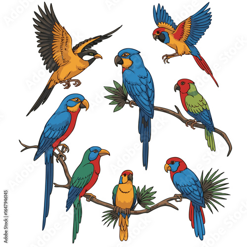 Vibrant Array of Tropical Parrots Perched on Branches Illustration for Wildlife Enthusiasts and Colorful Bird Art Lovers Delightful Tropical Bird Artwork