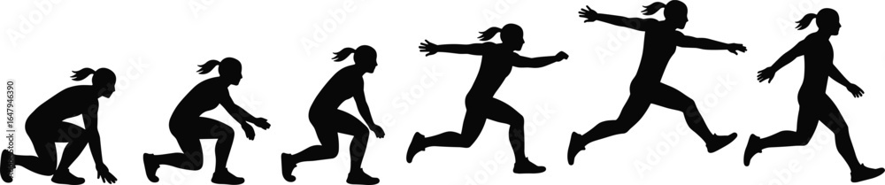 Obraz premium Silhouette sequence of woman running and jumping, athletic motion vector, black sports figure in different sprint positions isolated on white background