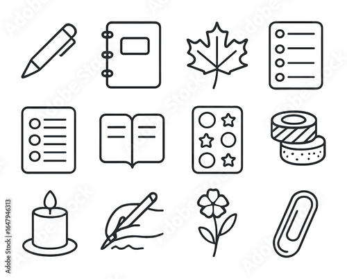Seasonal Journaling Icons. Outline icon set of seasonal journaling: pen, notebook, maple leaf, gratitude list,