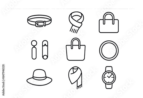 Minimalist Accessory Icons. Outline icon set of minimalist and sustainable styling: single ring, plain belt,