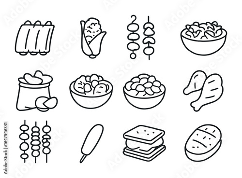 Barbecue Food Icons. Outline icon set of food served at barbecue: ribs, grilled corn, kebabs, coleslaw, chips,