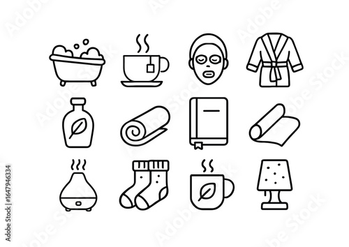 Autumn Self-Care Icons. Outline icon set of indoor self-care autumn edition: bubble bath, herbal tea, face